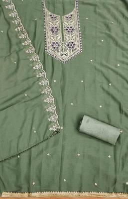 Green Georgette Embroidered Unstitched Dress Material 3