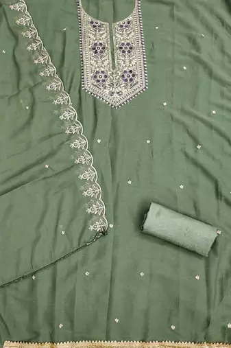 Green Georgette Embroidered Unstitched Dress Material