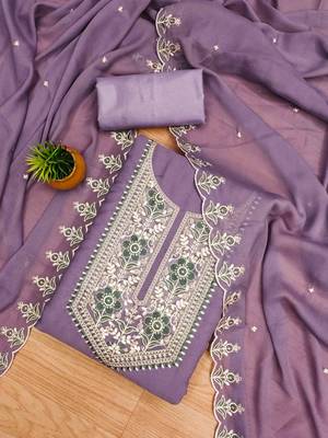Lavender Georgette Embroidered Unstitched Dress Material 1
