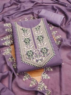 Lavender Georgette Embroidered Unstitched Dress Material 2