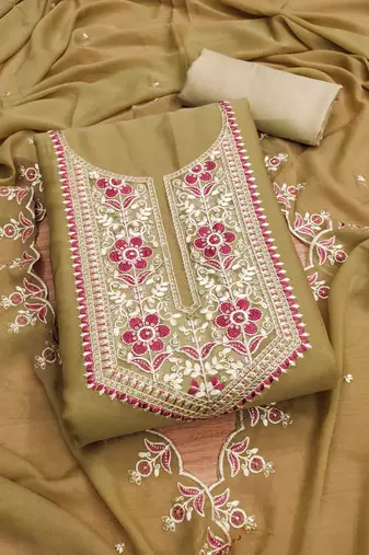 Mustard Georgette Embroidered Unstitched Dress Material