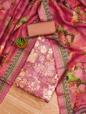 Peach Modal Foil Printed Unstitched Dress Material 1