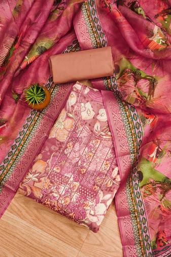Peach Modal Foil Printed Unstitched Dress Material