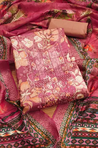 Peach Modal Foil Printed Unstitched Dress Material