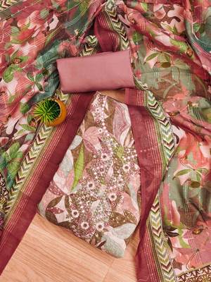 Peach Modal Foil Printed Unstitched Dress Material 1