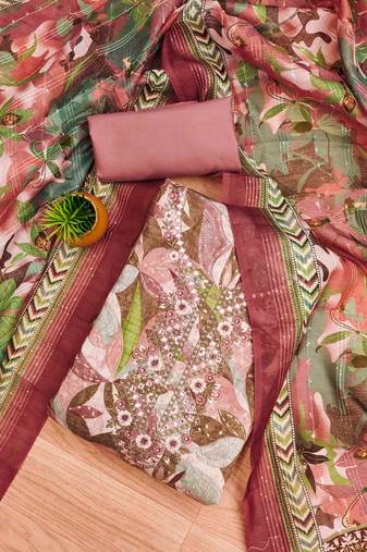 Peach Modal Foil Printed Unstitched Dress Material