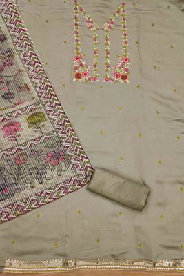 Grey Roman silk blend Chanderi Unstitched Dress Material 3