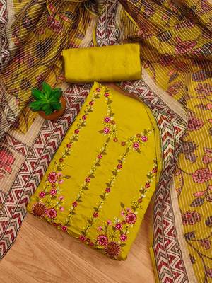 Yellow Roman silk blend Chanderi Unstitched Dress Material 1