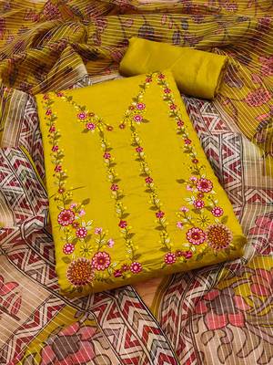Yellow Roman silk blend Chanderi Unstitched Dress Material 2