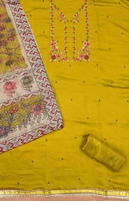 Yellow Roman silk blend Chanderi Unstitched Dress Material 3
