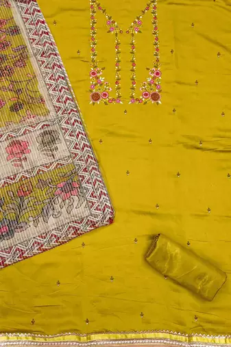 Yellow Roman silk blend Chanderi Unstitched Dress Material