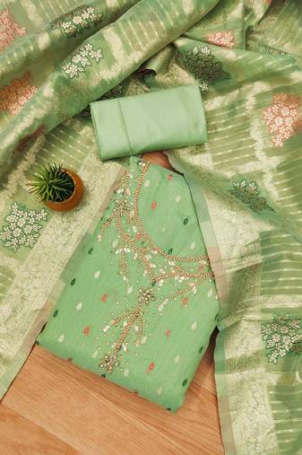 Green Shimmer Jacquard Unstitched Dress Material