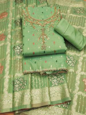 Green Shimmer Jacquard Unstitched Dress Material 2