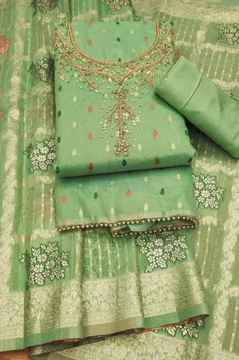 Green Shimmer Jacquard Unstitched Dress Material