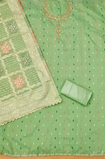 Green Shimmer Jacquard Unstitched Dress Material