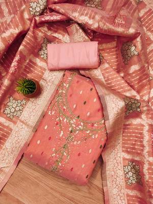 Peach Shimmer Jacquard Unstitched Dress Material 1