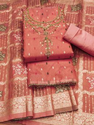 Peach Shimmer Jacquard Unstitched Dress Material 2