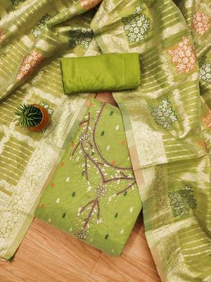 Parrot Green Shimmer Jacquard Unstitched Dress Material 1