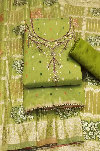 Parrot Green Shimmer Jacquard Unstitched Dress Material