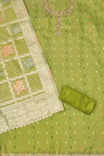 Parrot Green Shimmer Jacquard Unstitched Dress Material