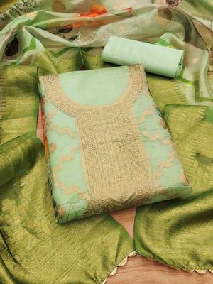 Green Organza Jcquard Swarovski Unstitched Dress Material 1