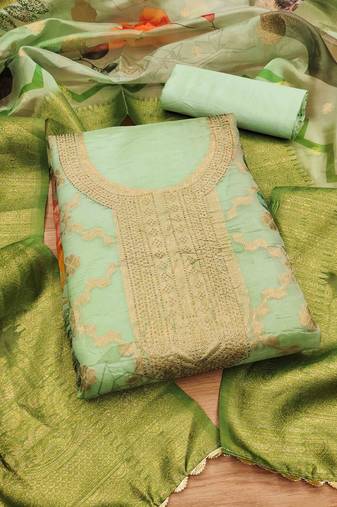 Green Organza Jcquard Swarovski Unstitched Dress Material