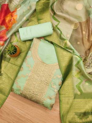 Green Organza Jcquard Swarovski Unstitched Dress Material 2