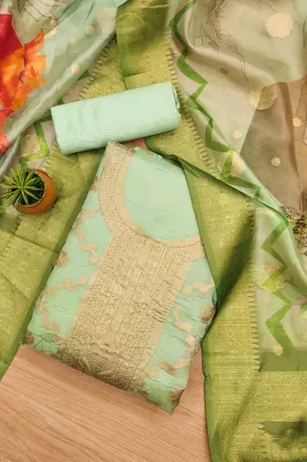 Green Organza Jcquard Swarovski Unstitched Dress Material