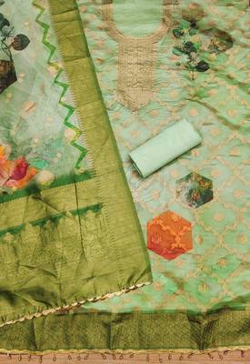 Green Organza Jcquard Swarovski Unstitched Dress Material 3