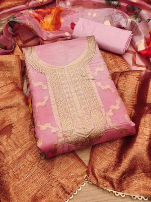 Peach Organza Jcquard Swarovski Unstitched Dress Material 1