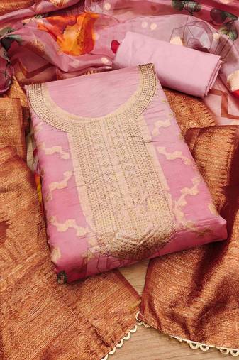Peach Organza Jcquard Swarovski Unstitched Dress Material