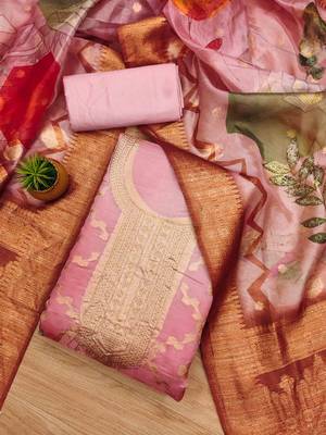 Peach Organza Jcquard Swarovski Unstitched Dress Material 2
