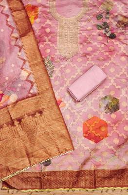 Peach Organza Jcquard Swarovski Unstitched Dress Material 3