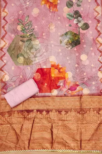 Peach Organza Jcquard Swarovski Unstitched Dress Material
