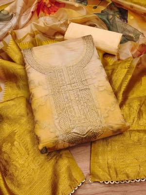 Yellow Organza Jcquard Swarovski Unstitched Dress Material 1