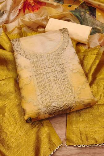Yellow Organza Jcquard Swarovski Unstitched Dress Material