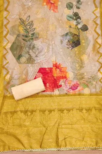 Yellow Organza Jcquard Swarovski Unstitched Dress Material