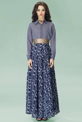Navy Blue Striped Top with Georgette Printed Skirt 1