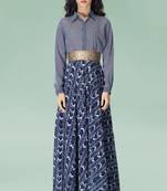 Navy Blue Striped Top with Georgette Printed Skirt