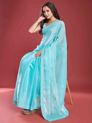 sky blue soft tissue embroidered saree with unstitched blouse piece 1