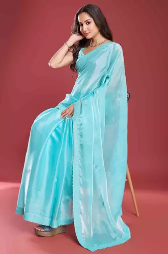 sky blue soft tissue embroidered saree with unstitched blouse piece