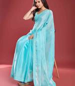 sky blue soft tissue embroidered saree with unstitched blouse piece