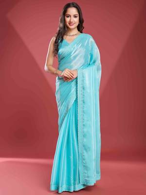 sky blue soft tissue embroidered saree with unstitched blouse piece 2
