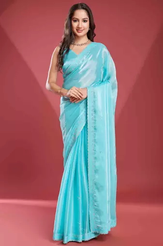 sky blue soft tissue embroidered saree with unstitched blouse piece