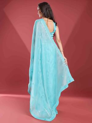 sky blue soft tissue embroidered saree with unstitched blouse piece 3