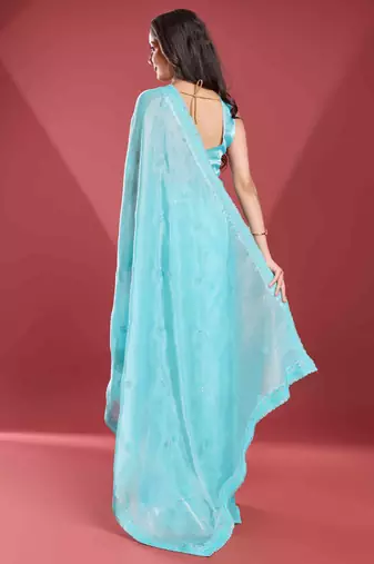 sky blue soft tissue embroidered saree with unstitched blouse piece