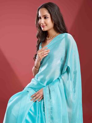 sky blue soft tissue embroidered saree with unstitched blouse piece 4