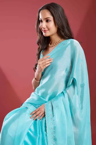 sky blue soft tissue embroidered saree with unstitched blouse piece