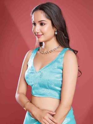 sky blue soft tissue embroidered saree with unstitched blouse piece 5