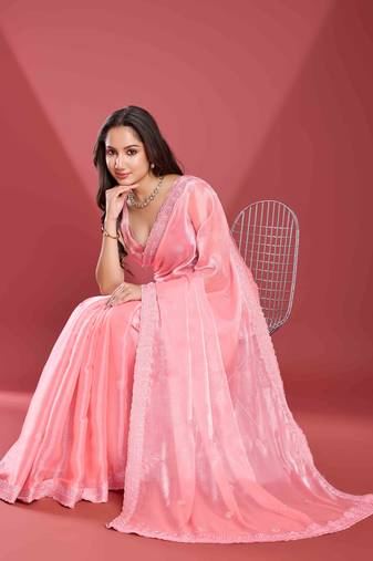 Peach Soft Tissue Embroidered Saree With Unstitched Blouse Piece